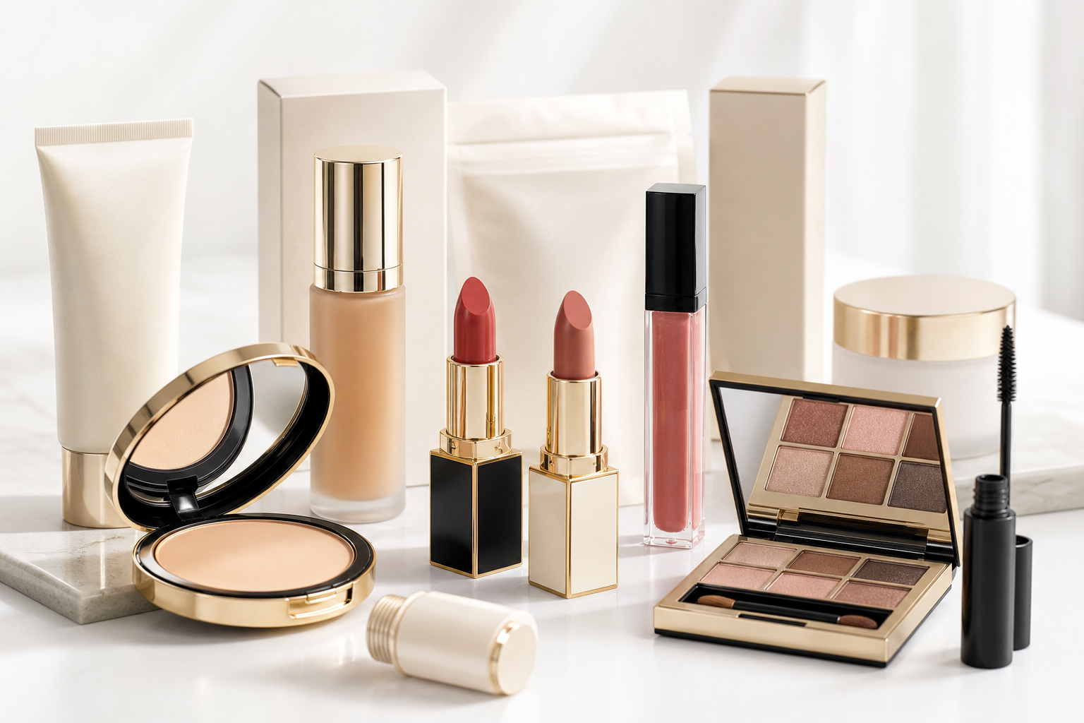 Далап, палетка, тоналды крем және тушь бар private label макияж OEM өнімдері